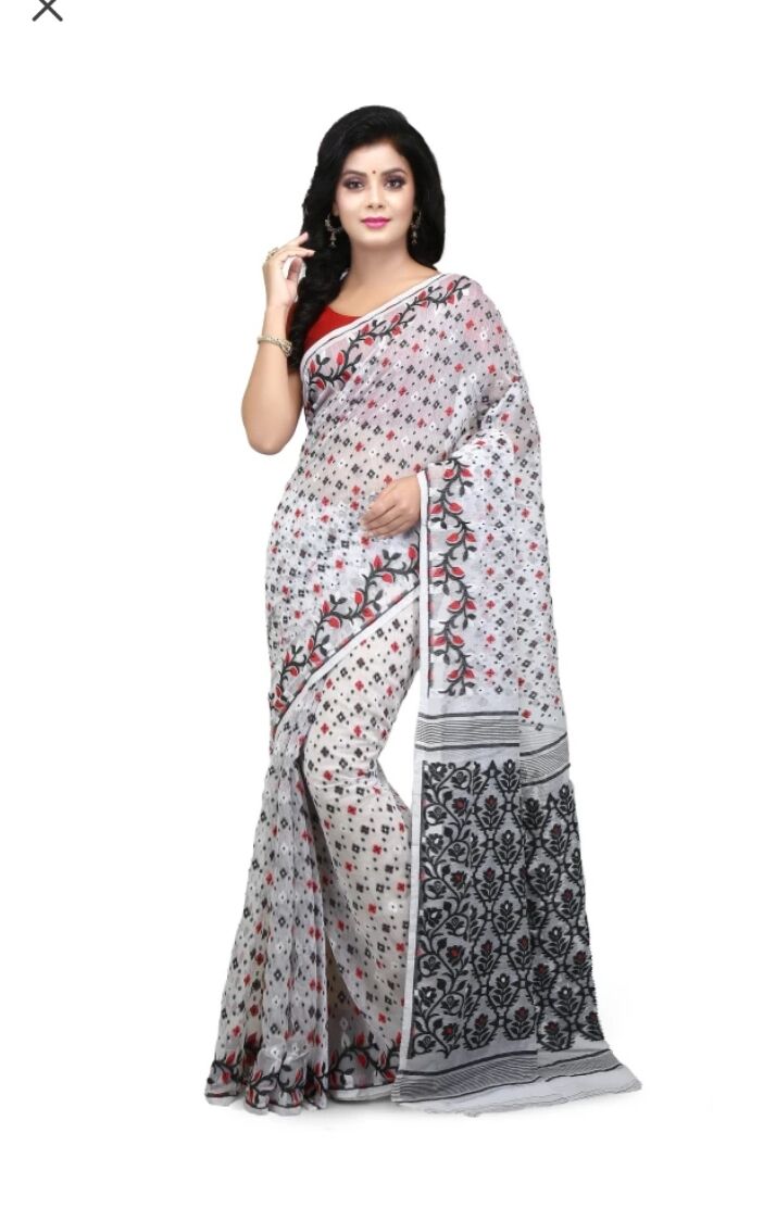 Embroidered Jamdani Cotton Silk Saree In Multicolour